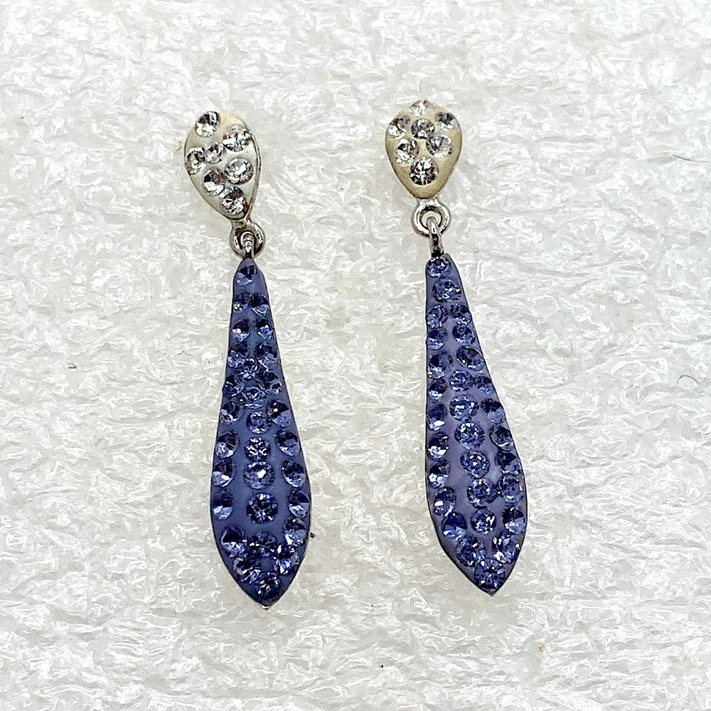 𝅺vtg Sterling Art Deco Style Stud Dangle Earrings Purple & White Crystal 1.3”